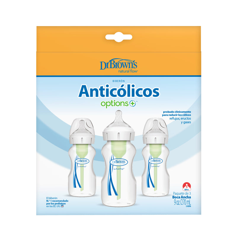 Pack 3 Mamaderas Anticólico Boca Ancha 270ml, Dr.Brown&