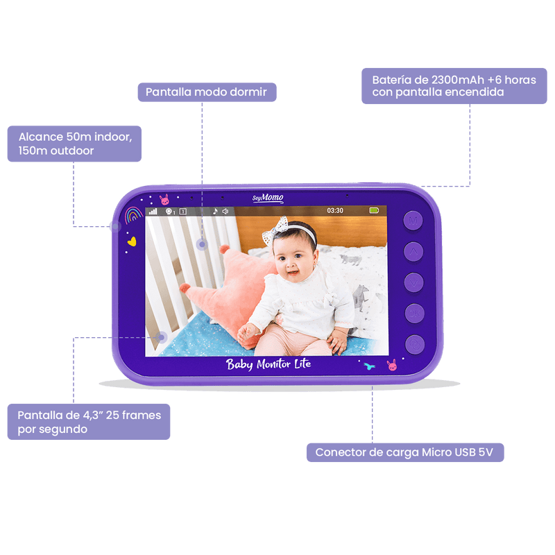 Baby Monitor Lite Morado - Pantalla 4,3, SoyMomo - KIDSCLUB Tienda ONLINE