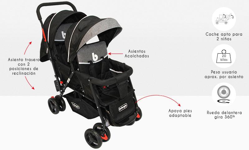 Coche Doble Duo Pix Negro RS-13300-3, Bebeglo - KIDSCLUB Tienda ONLINE