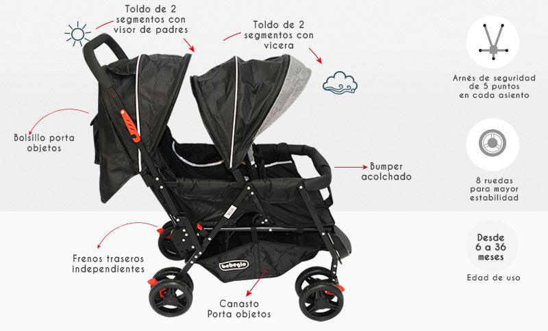 Coche Doble Duo Pix Negro RS-13300-3, Bebeglo - KIDSCLUB Tienda ONLINE