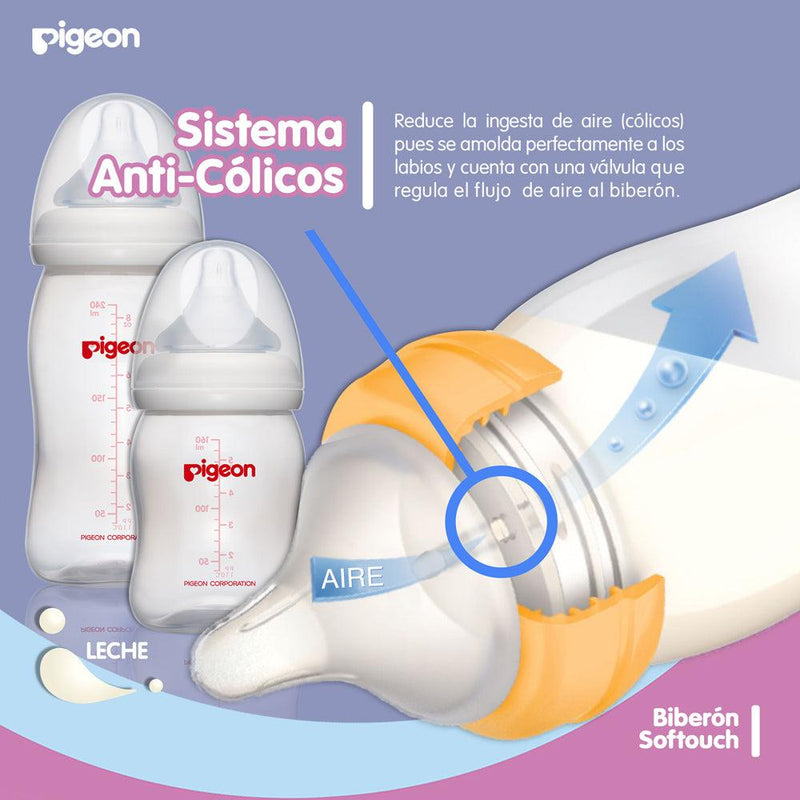 Mamadera Pigeon VIDRIO SOFT TOUCH 240 ml. 3-18 meses. - KIDSCLUB Tienda ONLINE