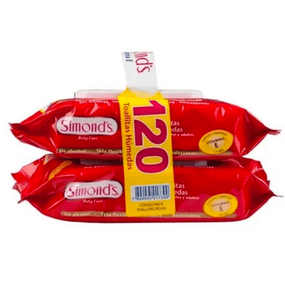 PACK TOALLA HUMEDA SIMONDS ROJA VITAMINA E 2X60 Uds. - KIDSCLUB Tienda ONLINE