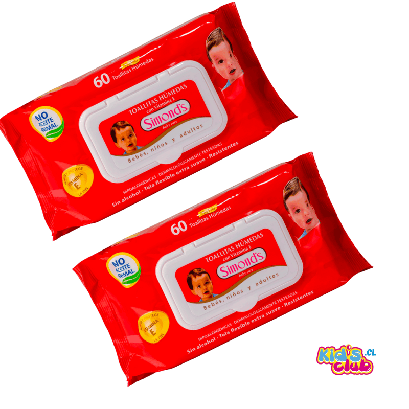 PACK TOALLA HUMEDA SIMONDS ROJA VITAMINA E 2X60 Uds. - KIDSCLUB Tienda ONLINE