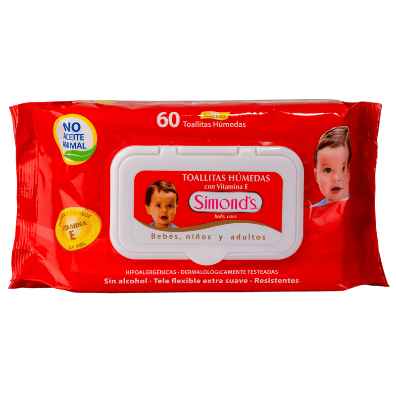 TOALLA HUMEDA SIMONDS PLANA ROJA VITAMINA E, 60 toallitas - KIDSCLUB Tienda ONLINE